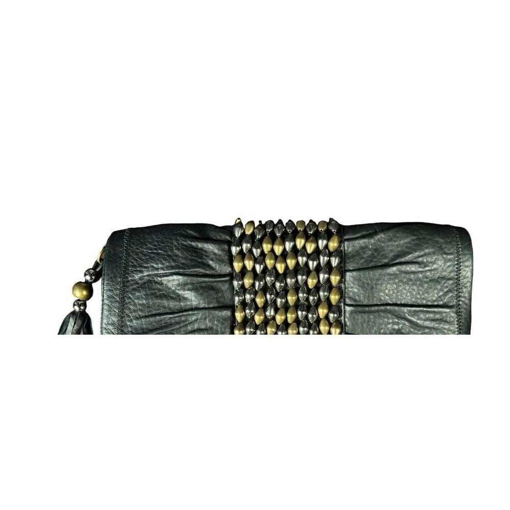 Vince Camuto Clutch Black Gold Metal Studded Tassel Leather Magnetic Purse - Picture 3 of 8